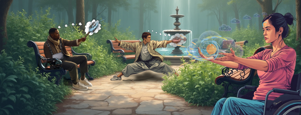 Three people with different abilities imagine and visualize magickal energy.