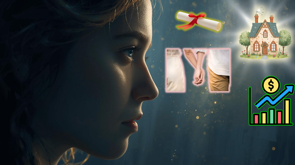 Before casting a magick spell a woman visualizing new home, love, money, and achievement.