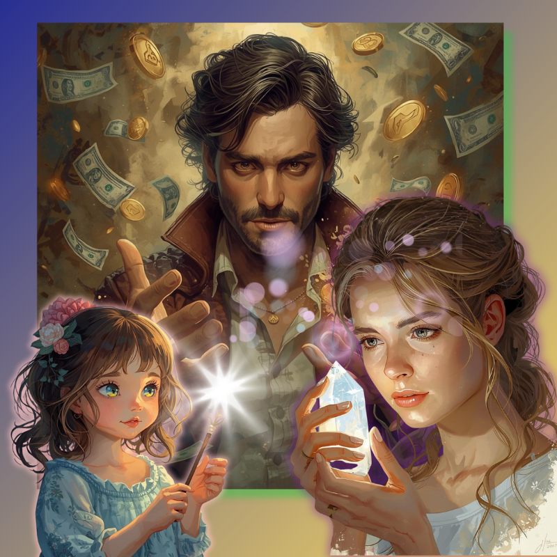 Little girl uses magick wand, man casts money spell, woman uses magic crystal