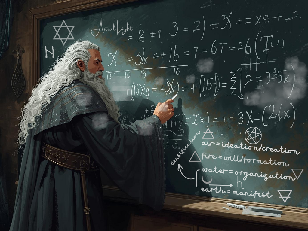 Merlin charting magickal lore on a chalkboard.
