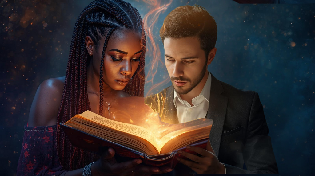 A woman and man read a magic spell book together.