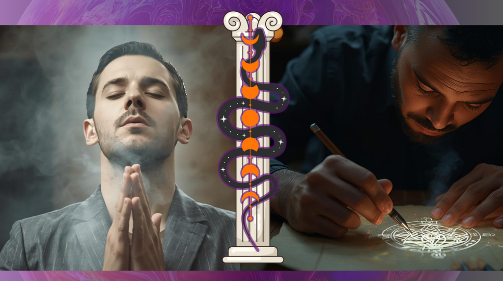 A man meditates in right pane. A man draws a magical symbol in the left pane.