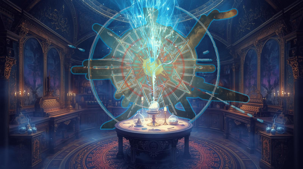 A shimmering light appears in a magick study.