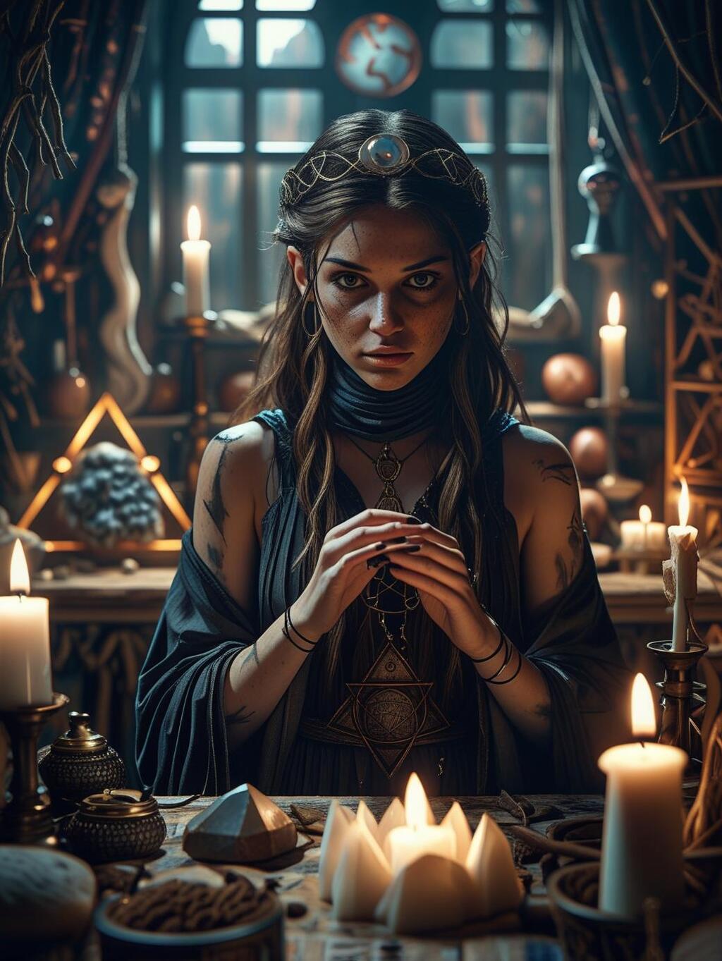 Wiccan girl in magickal temple.