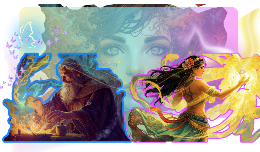 Wizard and witch working with the great magickal agent.