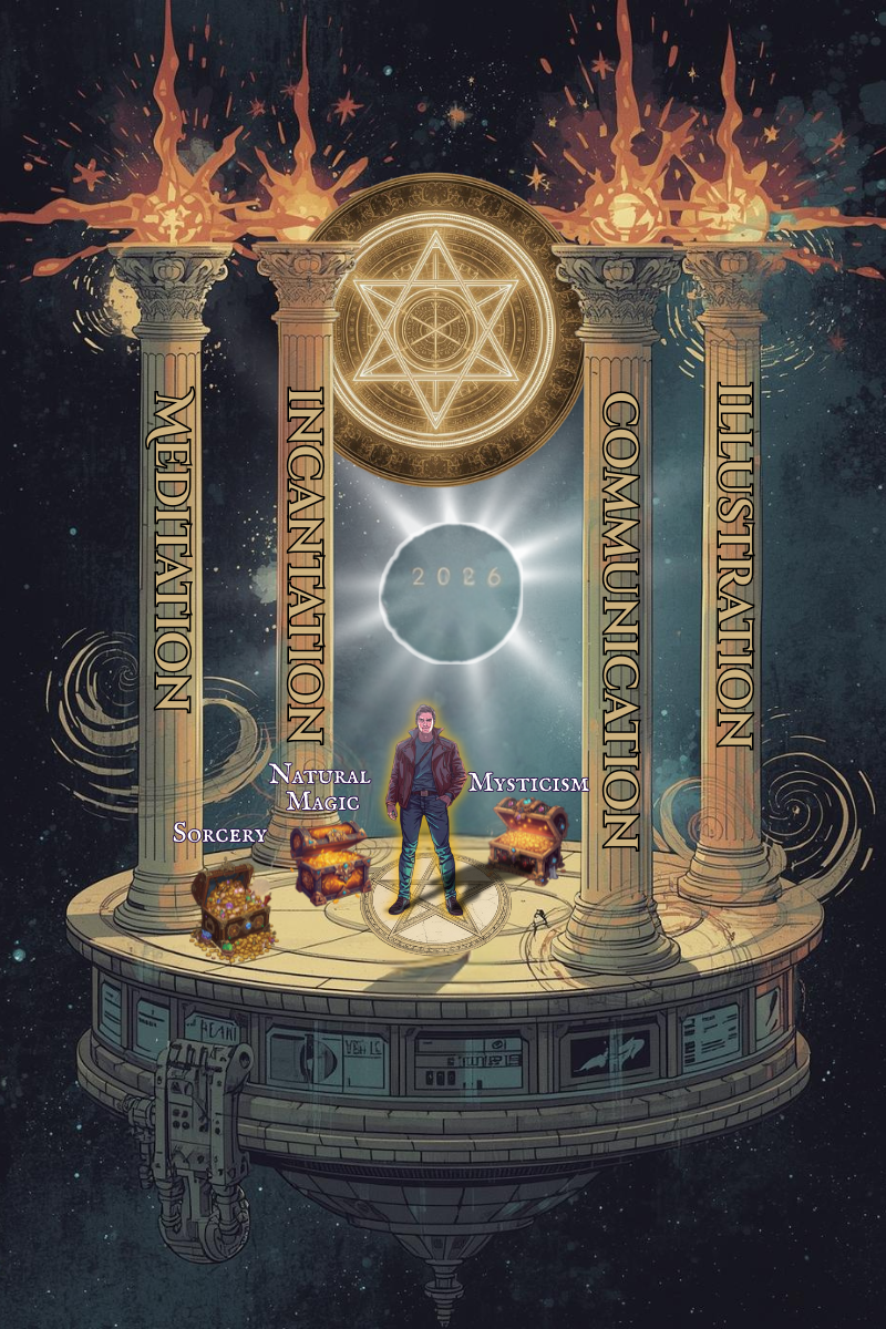 Man stands between four pillars, pentagram below and hexagram above, with three treasure chests nearby.
